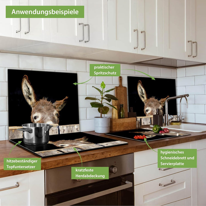 banjado® Herdabdeckplatte Glas 1-teilig 60x52 cm/Schneidebrett Herdabdeckung mit Motiv Esel/Herdabde