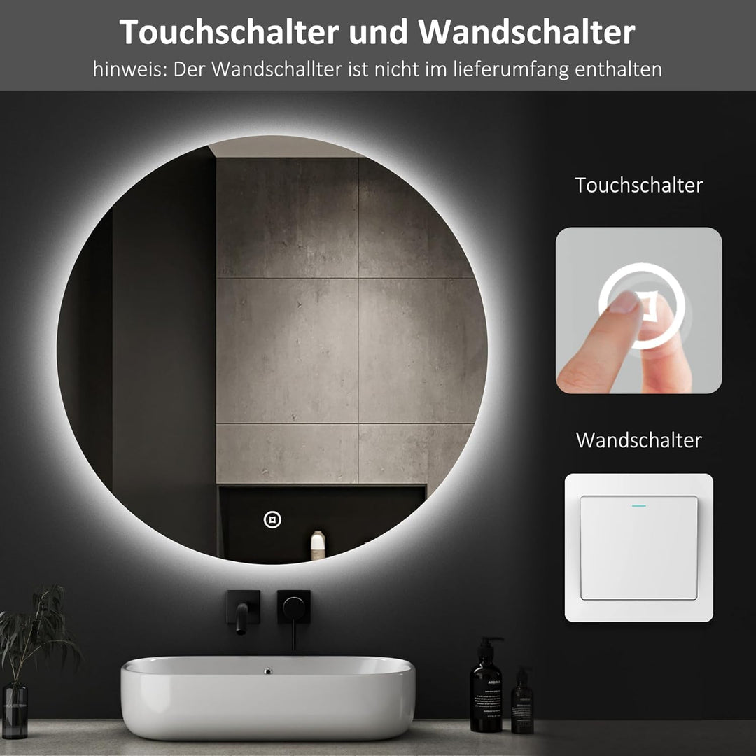 Boromal Badspiegel Rund, Badspiegel 50x50cm Badezimmerspiegel mit Beleuchtung 3 Lichtfarbe Dimmbar 3