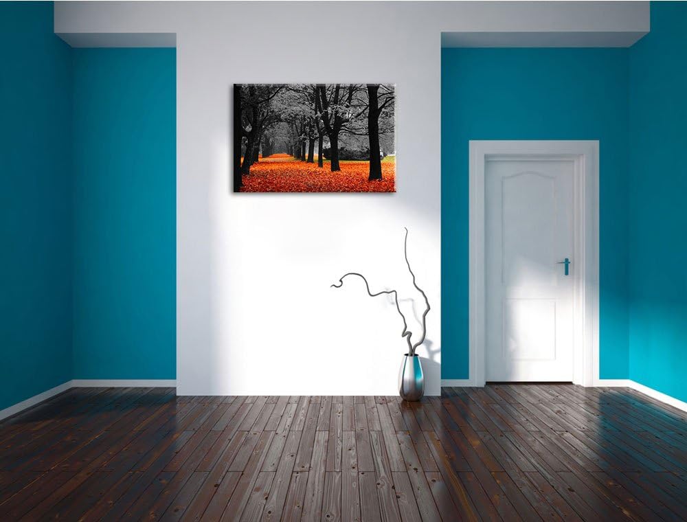 schöner Waldweg im Herbst schwarz/weiss Format: 100x70 auf Leinwand, XXL riesige Bilder fertig gerah
