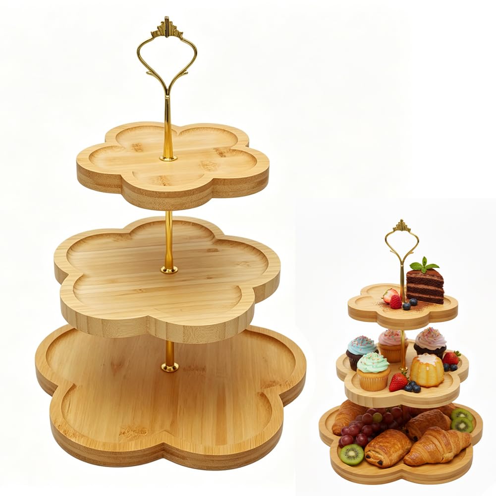 Etagere 3 Etagen Bambus, Holz-Cupcake-Ständer Blumenform-Design, Bambus-Etagere Buffet Ständer Servi