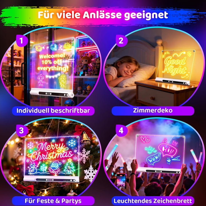 LED-Zeichenbrett Wiederaufladbares 41 cm, 9 Lichtmodi mit Timer, Neon-Trockenlöschtafel mit Ständer,