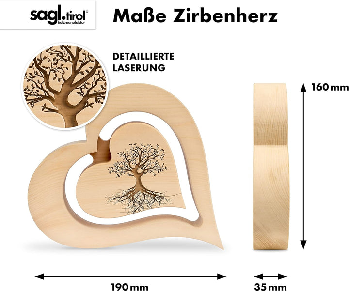 sagl.tirol Herz aus Zirbenholz mit schwebendem innen Herz [100% Naturprodukt] Lebensbaum Deko I Lebe