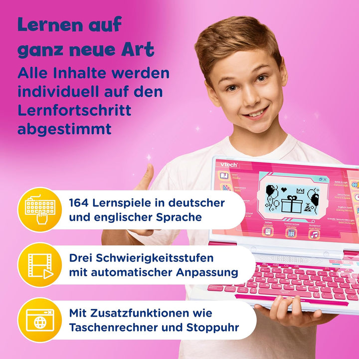 Vtech Explorer Laptop Pro Pink I Lernlaptop mit 164 Spielen I Bilingual Deutsch Englisch I 8 Lernkat