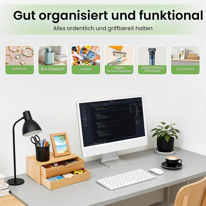 Schubladenbox, Schreibtisch Organizer 2 Schubladen Bambus, Naturbelassener Desktop Organizer 33x19x1