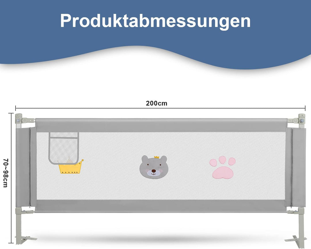 Jopassy Rausfallschutz Bett 200CMx2+180CMx1, Bettgitter für Kinder, Höhenverstellbar 70-98 cm, Rausf
