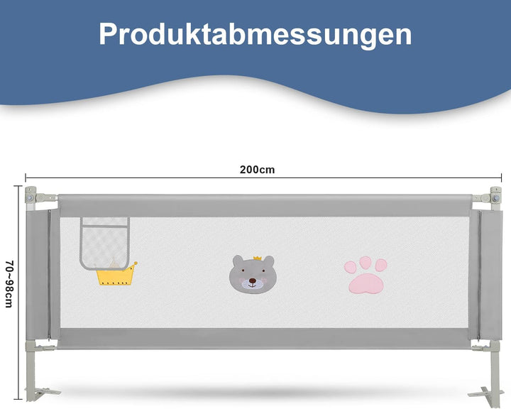 Jopassy Rausfallschutz Bett 200CMx2+180CMx1, Bettgitter für Kinder, Höhenverstellbar 70-98 cm, Rausf