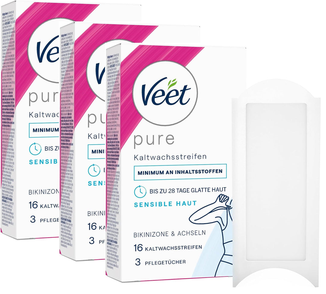 Veet Kaltwachssstreifen Easy-Gelwax Technology für die Bikinizone & Achseln - 3 x 16 Stück
