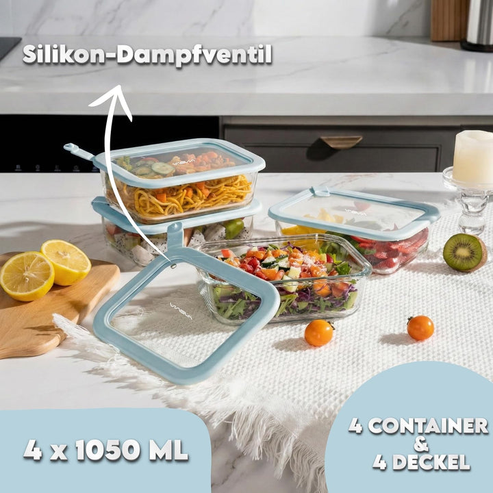 Meal Prep Glas (4x1050ml) Frischhaltedosen Set plastikfrei, Borosilikatglas Vorratsdosen, Silikondec