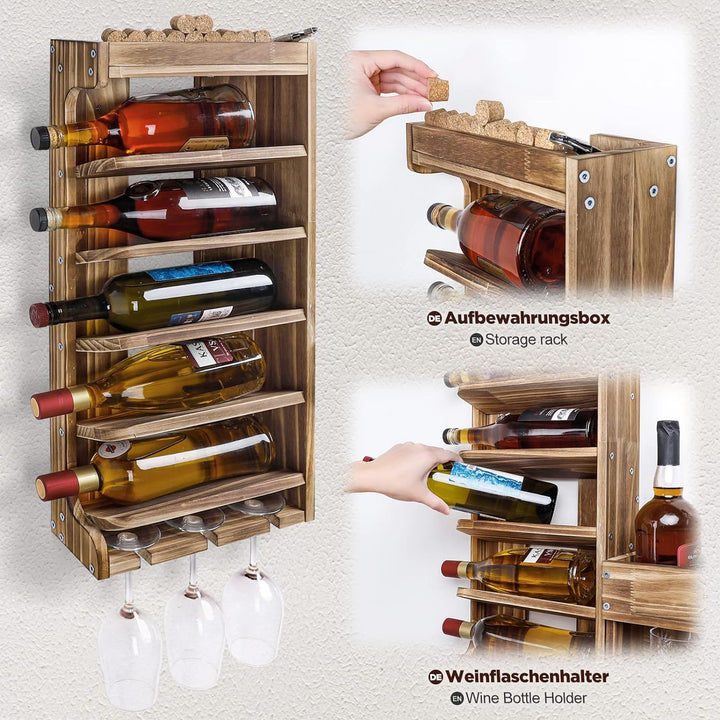 Yorbay Weinregal Palette Beflammt Holz, Wandbar mit Korkhalter, für Weingläser,Whiskygläser,Flaschen
