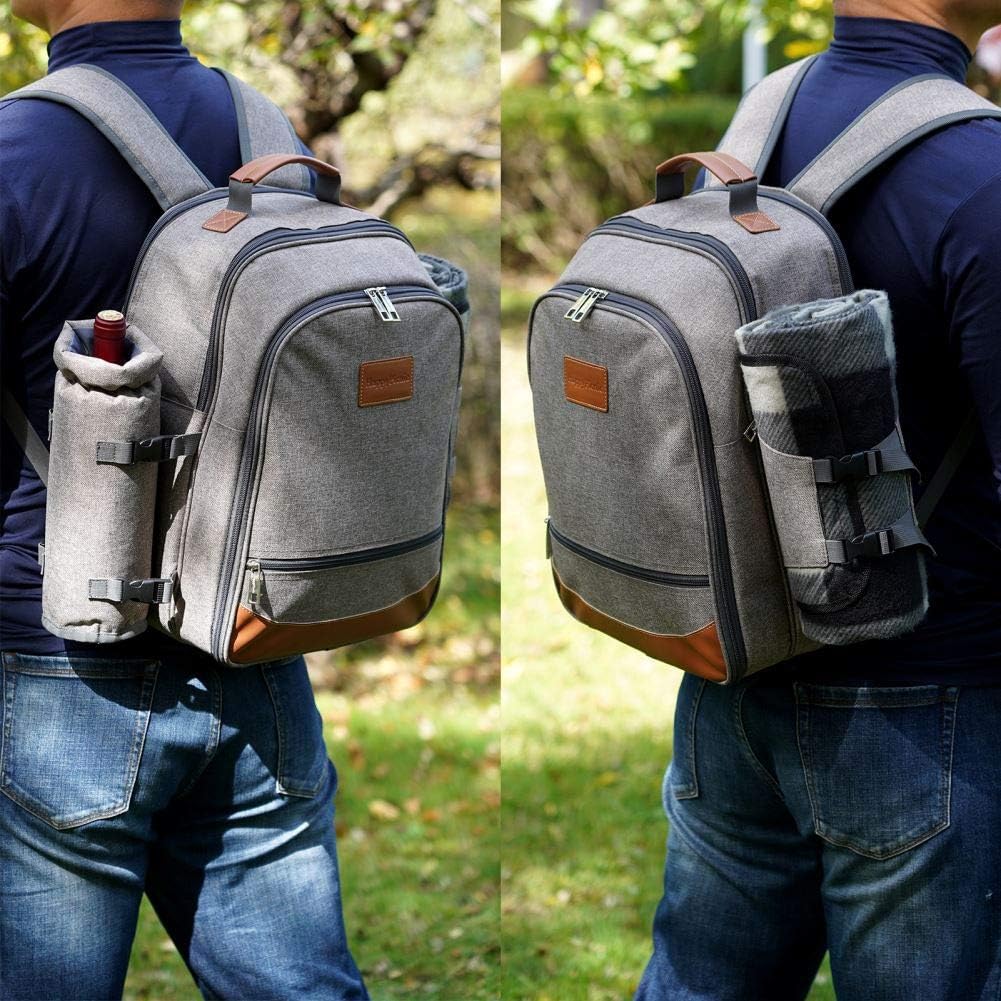 HappyPicnic Isolierter Picknickrucksack für 4 Personen mit komplettem Geschirr, geräumigem Kühlfach,