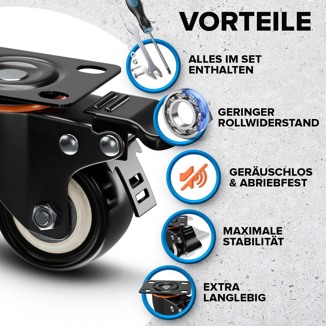 PEARWAY™ Premium Lenkrollen 50mm mit Bremse [4x gesamt 320kg] inkl. Montagezubehör I Robuste Transpo