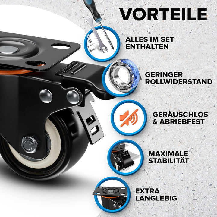 PEARWAY™ Premium Lenkrollen 50mm mit Bremse [4x gesamt 320kg] inkl. Montagezubehör I Robuste Transpo
