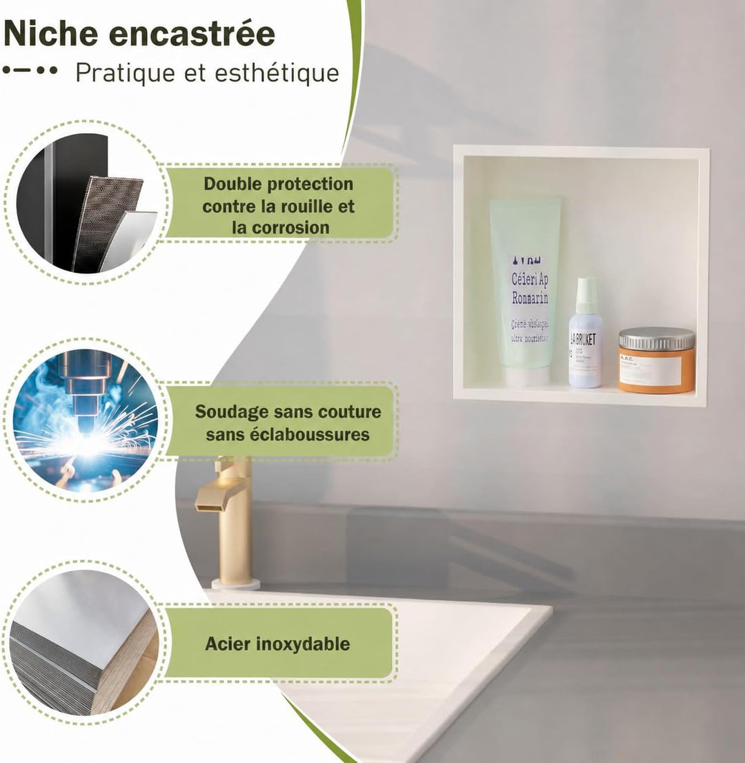 Badezimmer-Wandnischenschrank Weiss 30x30x10 cm, wandmontiertes Waschbecken für Dusche Edelstahl-Auf