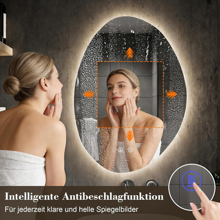 Badspiegel mit Beleuchtung, Badezimmerspiegel Asymmetrisch 43 x 60 cm, LED Spiegel Bad, mit 3 Lichtf
