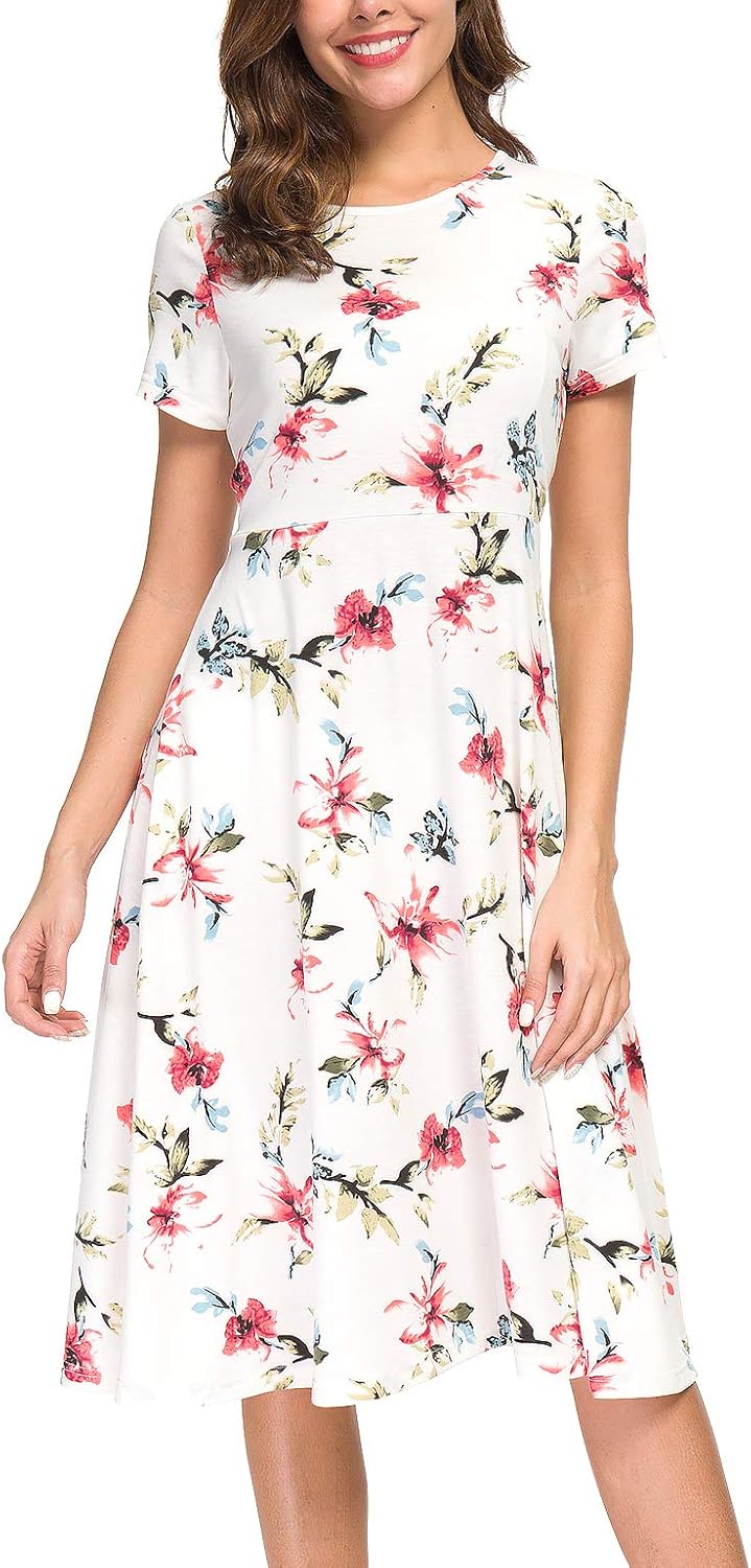 EXCHIC Damen Freizeit Rundhals A-Linie Kurzarm Midi Kleid Elegant Blumen Sommer Knielang Kleider L 5