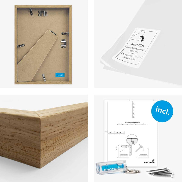 PHOTOLINI 6er Set Holzrahmen Eiche 21x30 cm/DIN A4 mit Passepartout 13x18 cm Massivholz mit Acrylgla