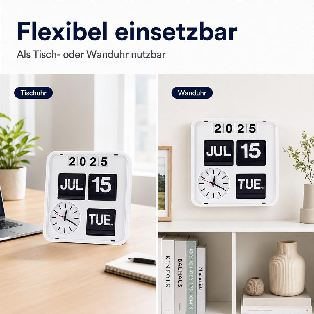 Eurotime 80005-00 Retro Tisch- & Wanduhr mit Voll-Datumsanzeige inkl. Jahr, Quarzuhr im Klappkarten-