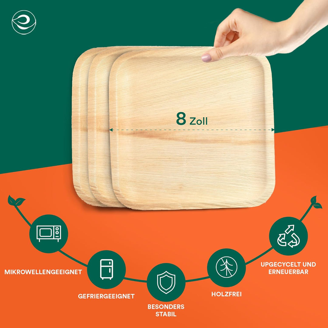 ECO SOUL 100% kompostierbare 20 cm, quadratische Palmblatt Teller [200 Stück] |Premium Palmblatt Ges