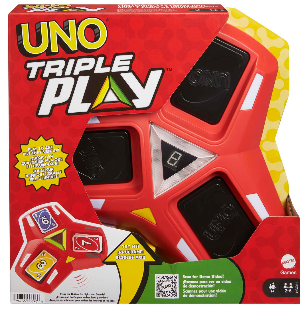 Mattel Games UNO Triple Play, Uno Kartenspiel für die Familie, mit Licht und Soundeffekten, Perfekt