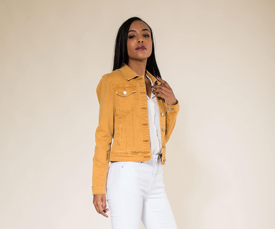 Nina Carter J212 Damen Slim-Fit Jeansjacke – Farbige Übergangsjacke mit Kent-Kragen und Taschen – Fr
