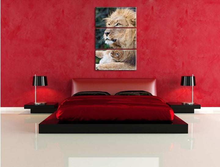 Pixxprint liebevoller Löwe mit Jungtier als Leinwandbild/Grösse: 3 Teilig (120x80) cm/Wandbild/Kunst