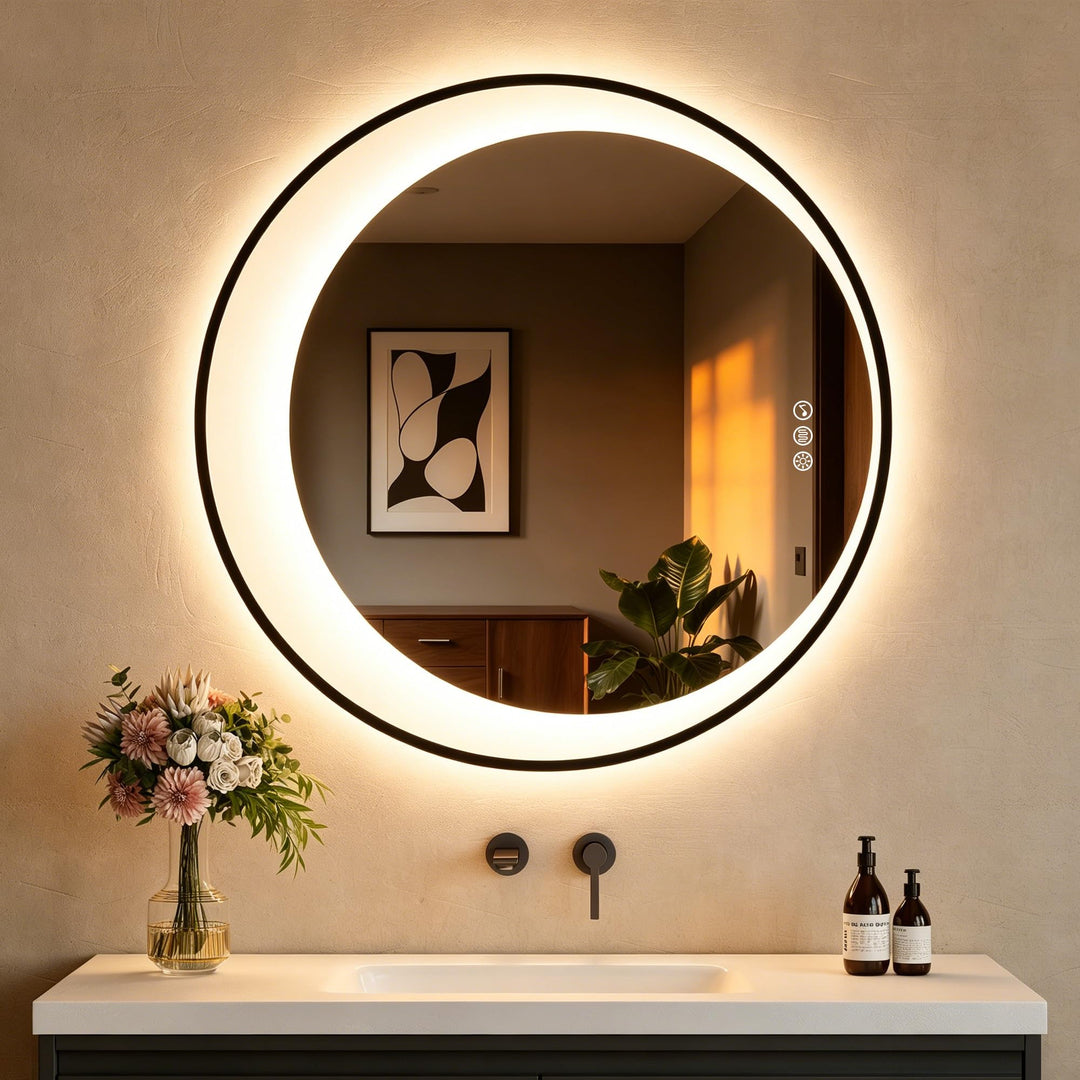 STARLEAD Rund Badspiegel-mit-Beleuchtung 80cm, Asymmetrischer-Spiegel mit Bluetooth, Dimmbar, 3 Lich