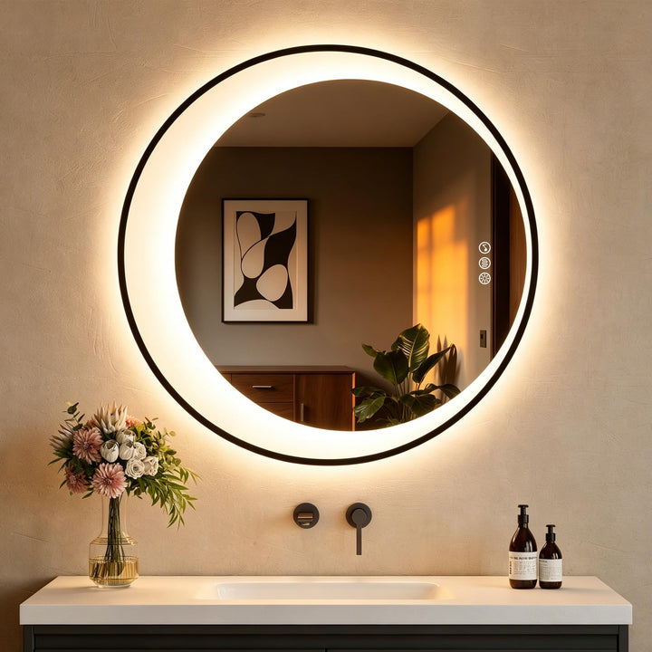 STARLEAD Rund Badspiegel-mit-Beleuchtung 80cm, Asymmetrischer-Spiegel mit Bluetooth, Dimmbar, 3 Lich
