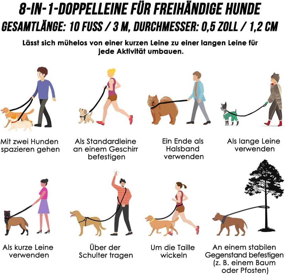 Hundeleine 3m für Kleine mittelgrosse Hunde, 8in1 Schleppleine mit 3 Verstellbare Schnalle und Griff
