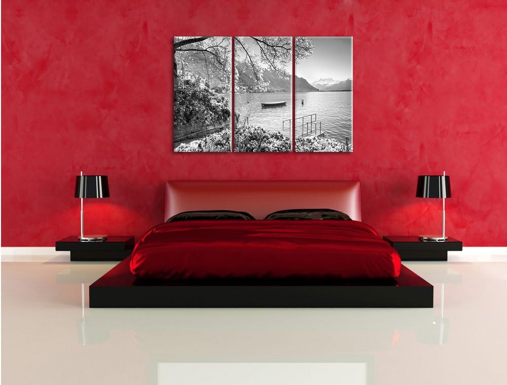 Pixxprint Genfer See im Sonnenschein / 3-Teilig/Gesamtmass 120cm Leinwandbild bespannt auf Holzrahme