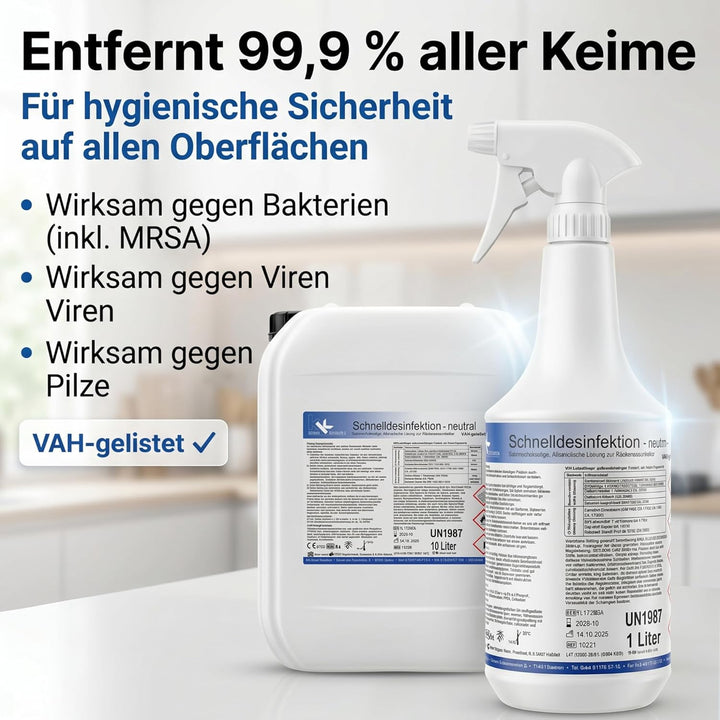 KK Schnelldesinfektion Spray Duft Neutral – Hochwirksames Desinfektionsmittel 1L Flasche für Flächen