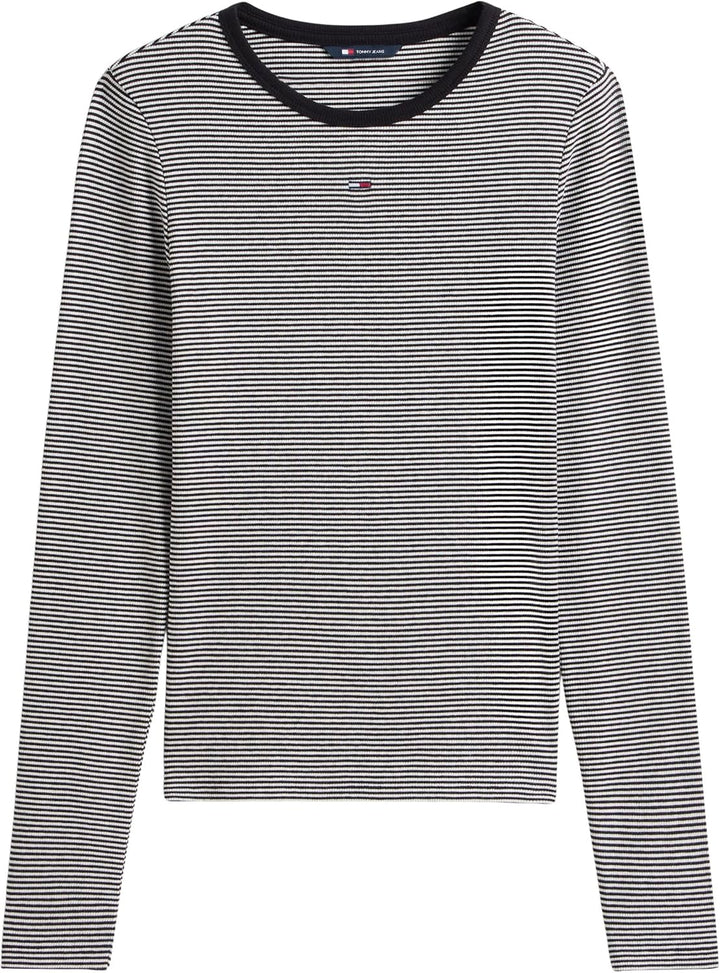 Tommy Jeans Damen Langarmshirt Slim Fit Essential aus Baumwolle XXS Black (Black/ Ecru Stripe), XXS