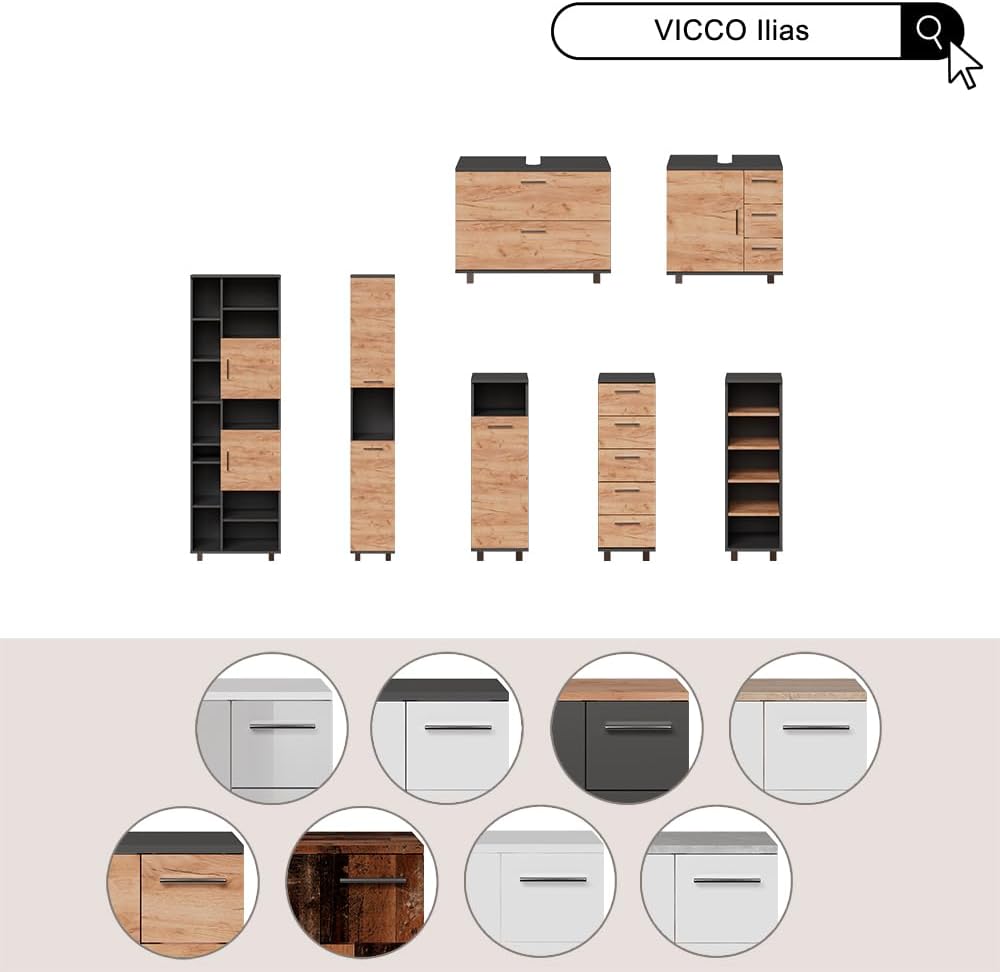 VICCO Waschbeckenunterschrank Ilias Schublade Unterschrank Badezimmer, Sonoma-weiss