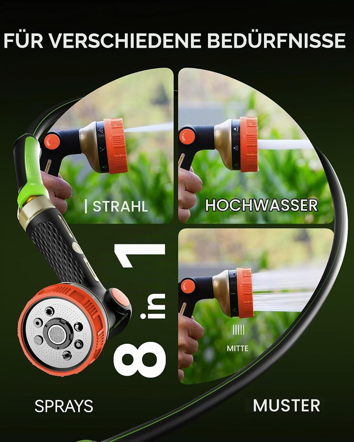 RAINPOINT 8-Funktionen Metall Gartenbrause, Einstellbarer Wasserdurchfluss Garten-Handbrause (Orange