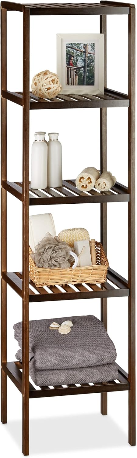 Relaxdays Bambus Badregal mit 5 Ablageflächen, HxBxT: 139,5 x 34,5 x 33 cm, hohes Standregal, Holzre