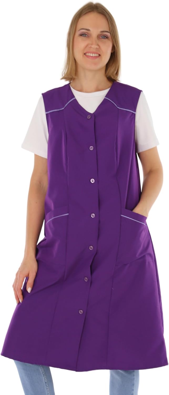 Damenkittel ohne Arm Kochschürze Kittel Schürze Knopfkittel einfarbig Hauskleid 42 Lila, 42 Lila