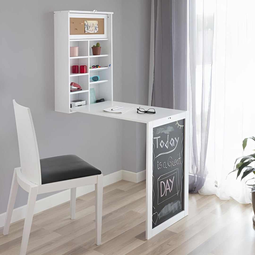 Wandklapptisch Küche mit Regal | Klapptisch Wand klein Weiss aus Holz | Wandtisch klappbar mit Schub