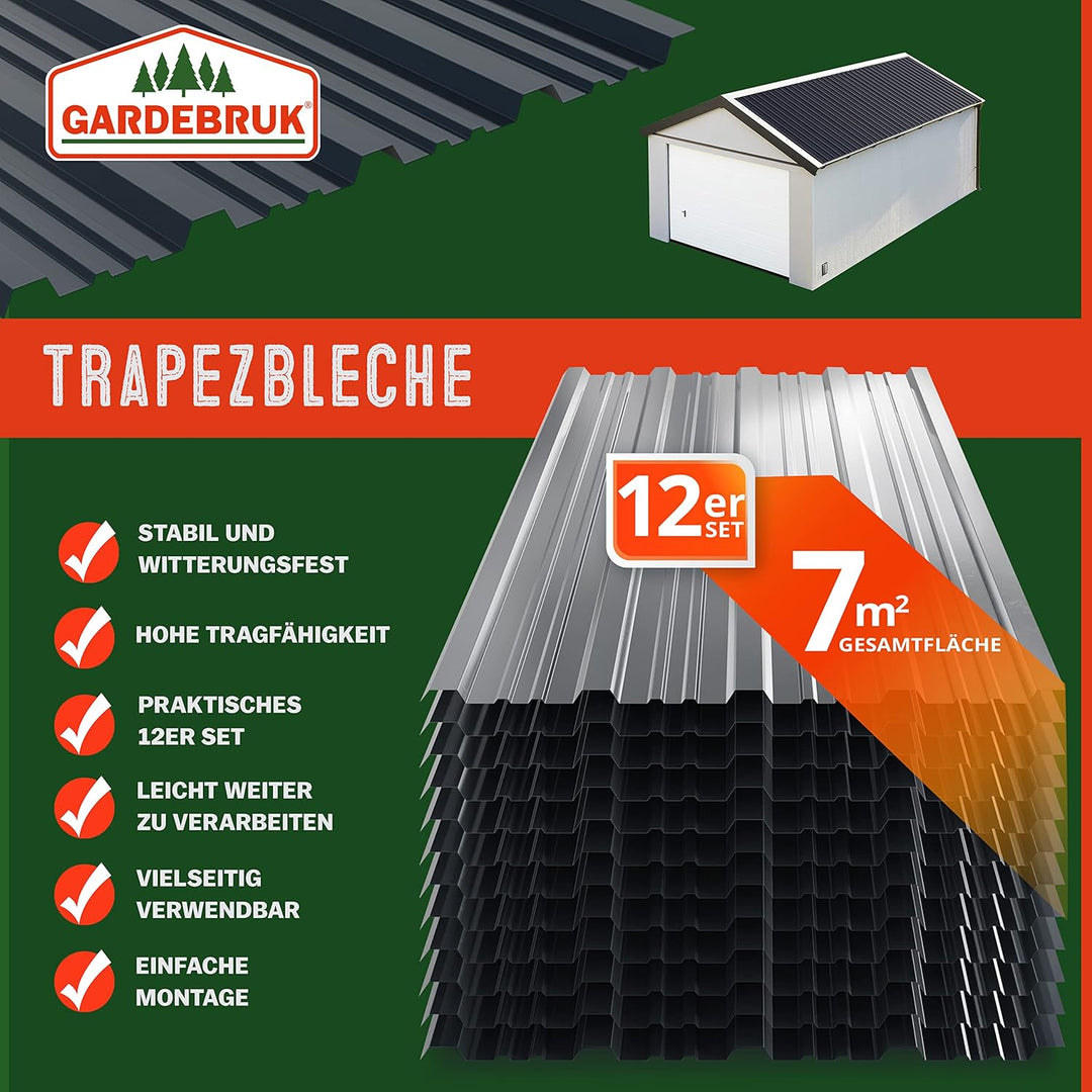GARDEBRUK® 12x Trapezblech 129x46cm = 7m² Verzinkt Rostresistent Wetterfest Profilblech Dachblech We