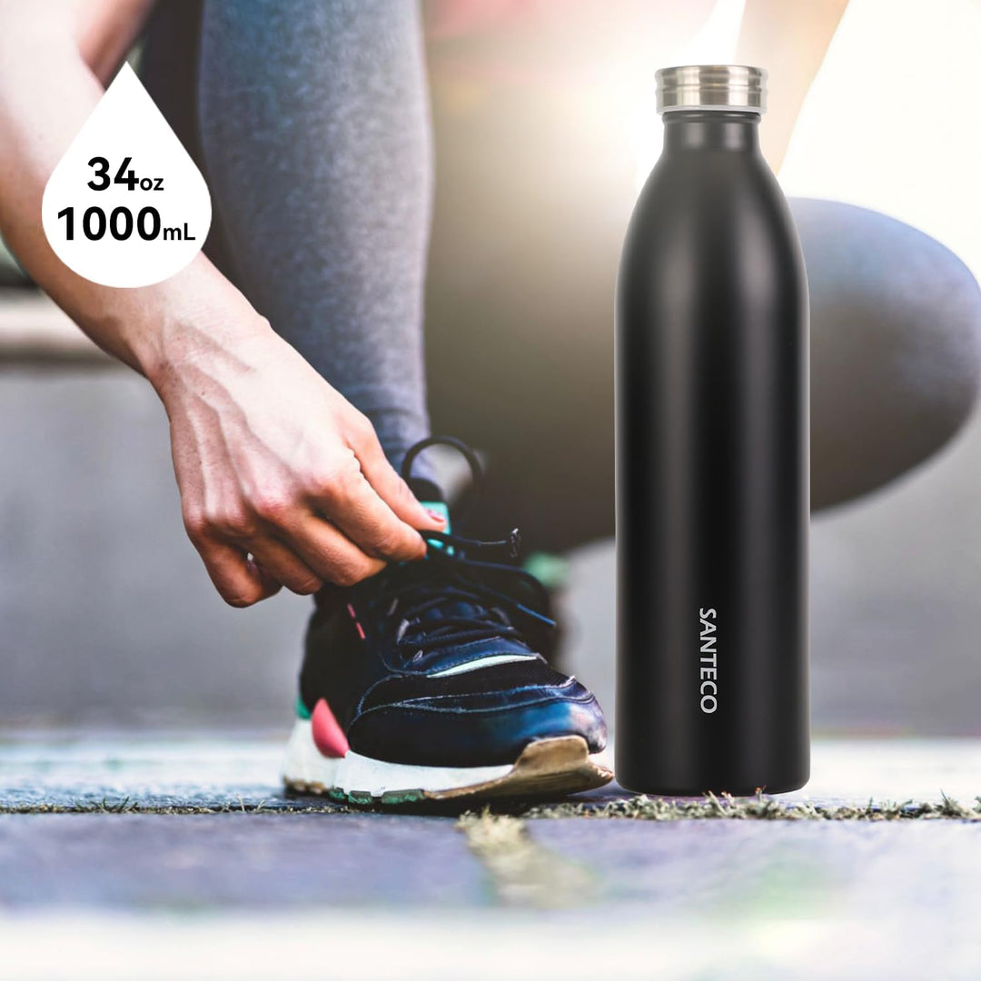 SANTECO Edelstahl Trinkflasche 1L, 100% dicht Thermosflasche 12 h heiss / 24 h kalt, absolut dicht f