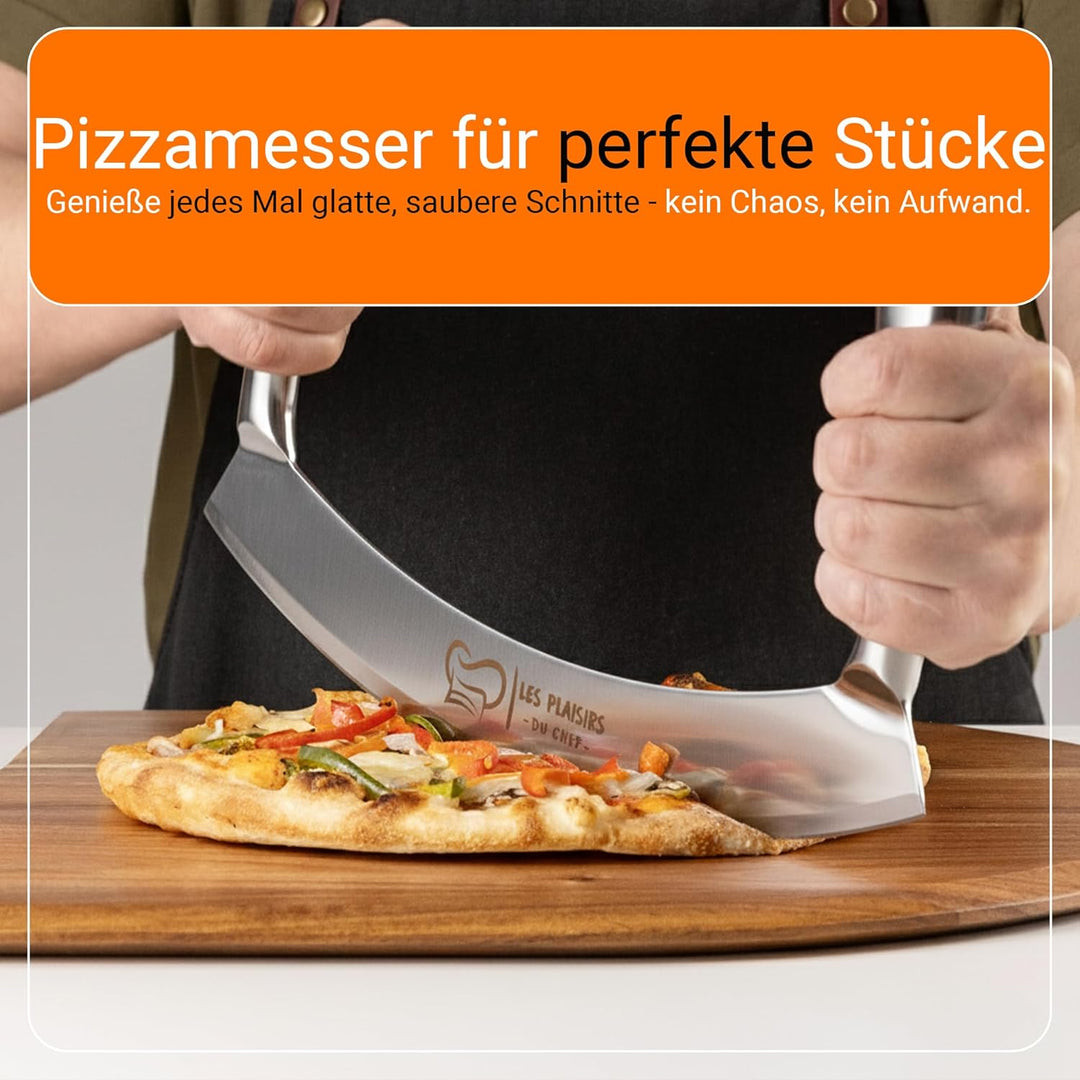 Extra scharfer Pizza Schneider/Pizzaschneider aus Edelstahl | Grosses Wiegemesser 30,5 cm mit Doppel