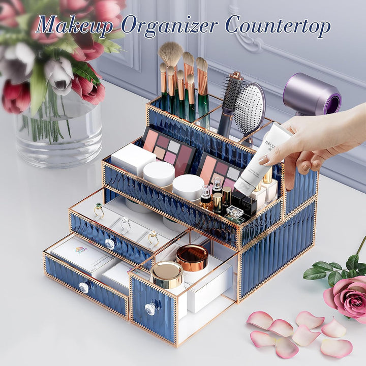 Youdepot Kosmetik Organizer Blau aus gehärtetem Glas, Make-up Organizer für Schminktisch, Skincare,