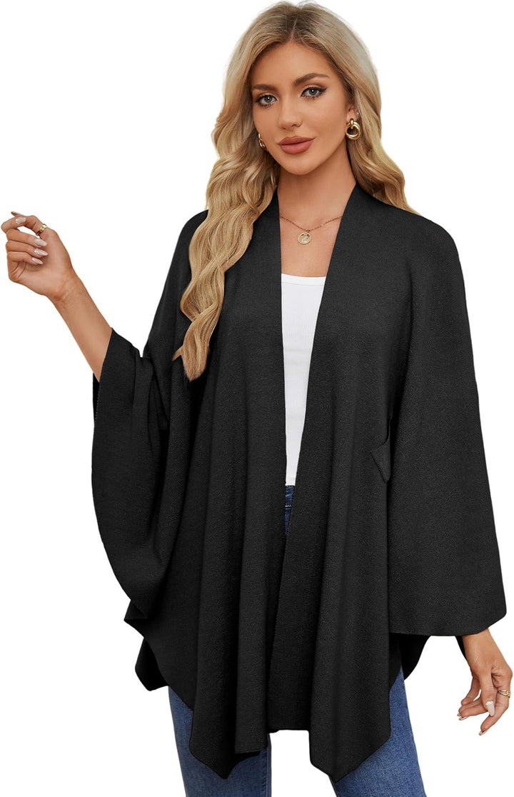 PULI Damen Elegant Poncho Strick Ponchos Capes Vorne öffnen Vielseitige Schalwickel mit Lasche Schwa