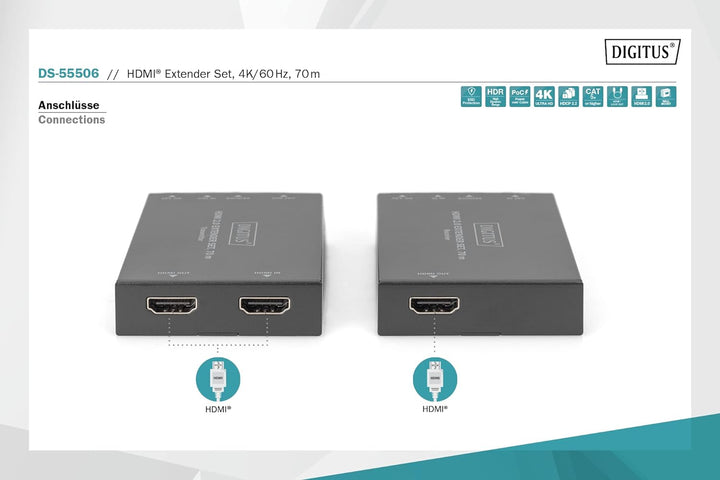 DIGITUS HDMI 2.0 Extender Set, 70 m 4K/60Hz, 18 Gbps, HDCP 2.2, HDR, PoC Ultra-HD / 4K@60Hz LAN Kabe