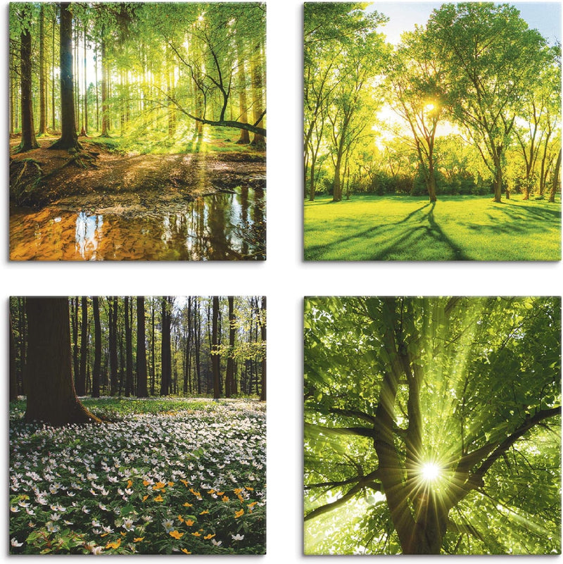 ARTLAND Leinwandbilder auf Holz Wandbild Bild Set 4 teilig je 40x40 cm Quadratisch Landschaft Wald G