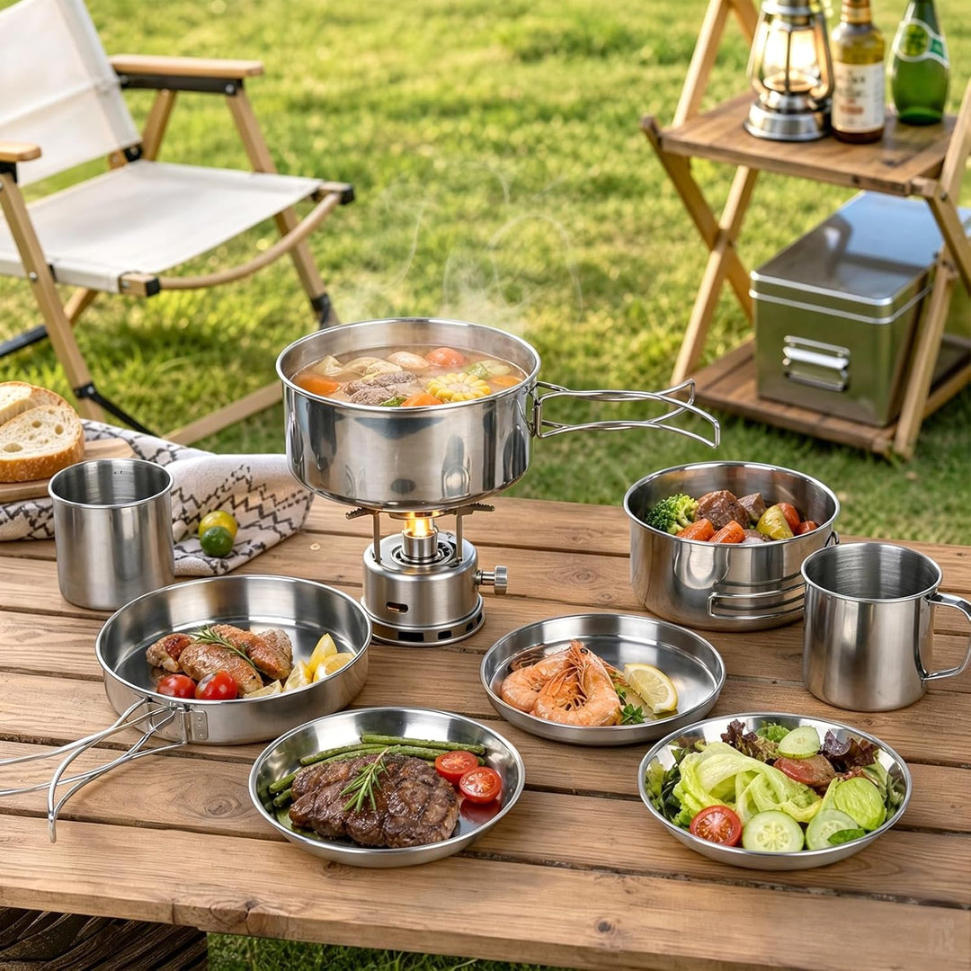 Camping Kochgeschirr Set, Camping Geschirr Set Edelstahl Camping Topf mit Pfanne Outdoor Kochgeschir