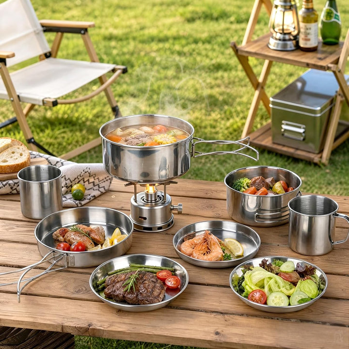 Camping Kochgeschirr Set, Camping Geschirr Set Edelstahl Camping Topf mit Pfanne Outdoor Kochgeschir