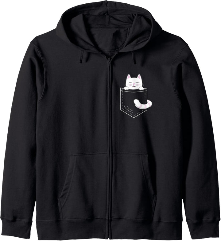 Katze in Brusttasche schaut heraus weisse Katze Geschenk Kapuzenjacke