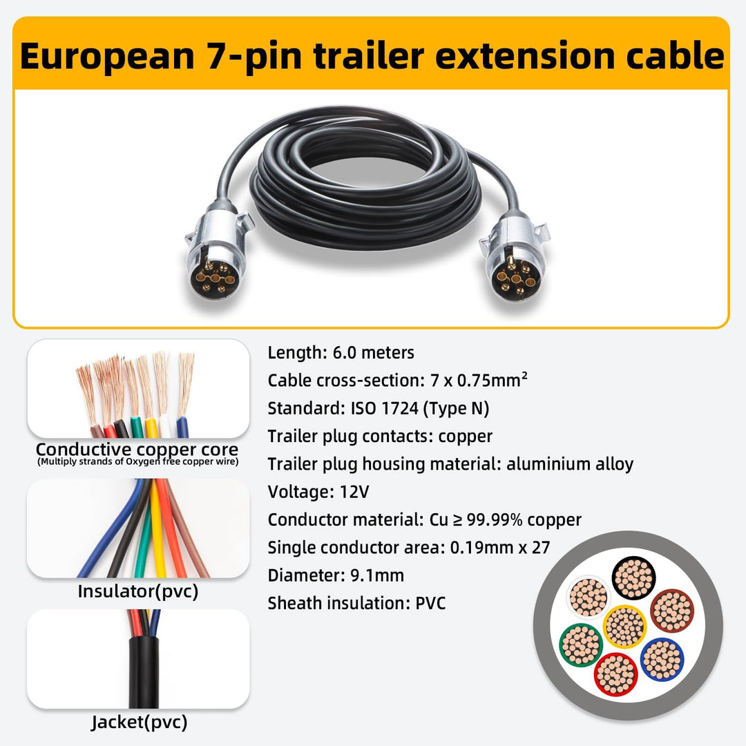 7 polig Anhängerkabel 6,0m, 7-7 polig Anhänger Stecker aus Aluminium ISO 1724-12V, Anhänger Verlänge