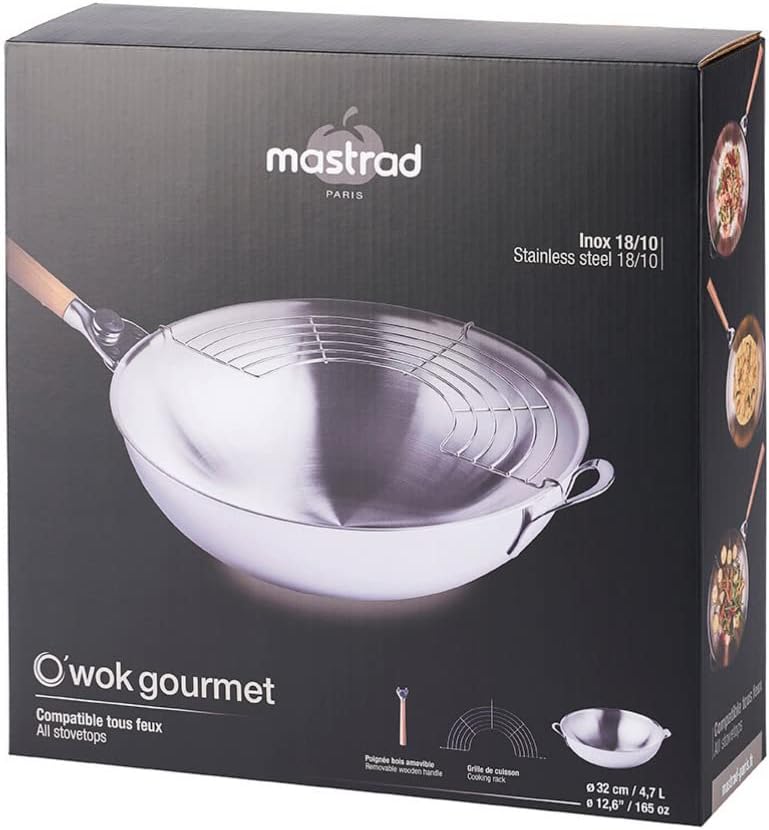 Mastrad O`Wok Gourmet - Wokpfanne aus Edelstahl - Für schnelles und gleichmässiges Erhitzen - Mit ab