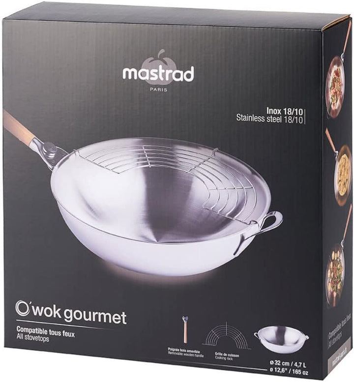 Mastrad O`Wok Gourmet - Wokpfanne aus Edelstahl - Für schnelles und gleichmässiges Erhitzen - Mit ab