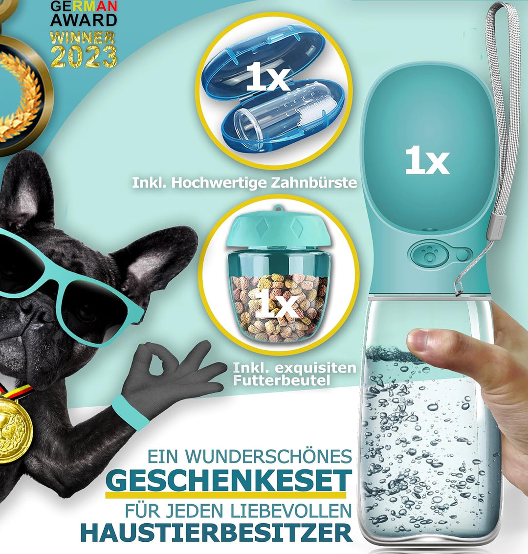 NEU 3er GESCHENKESET | Innovative 550ml Hundetrinkflasche für unterwegs | inkl. Futterbehälter & Zah